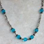 Light Blue Beaded Wire Wrapped Silver Chain..