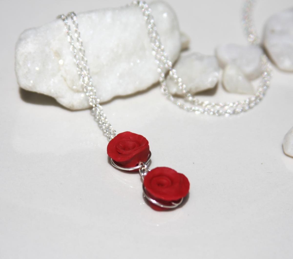 Sterling Silver Red Rose Bud Necklace Handmade, Double Red Rose Necklace