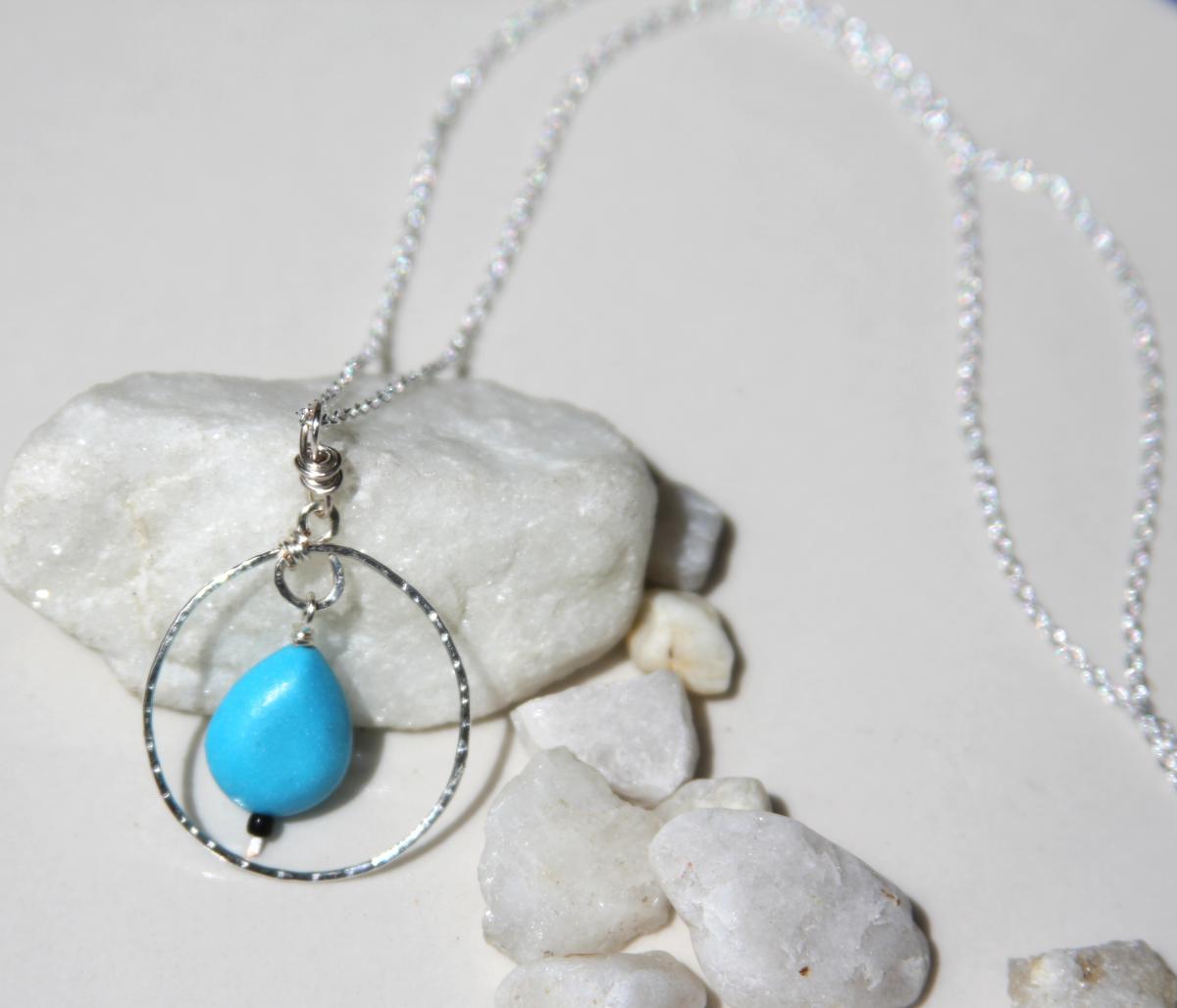 Turquoise Necklace, Turquoise Jewelry, Sterling Silver Circle Karma Necklace With Turquoise Bead Handmade