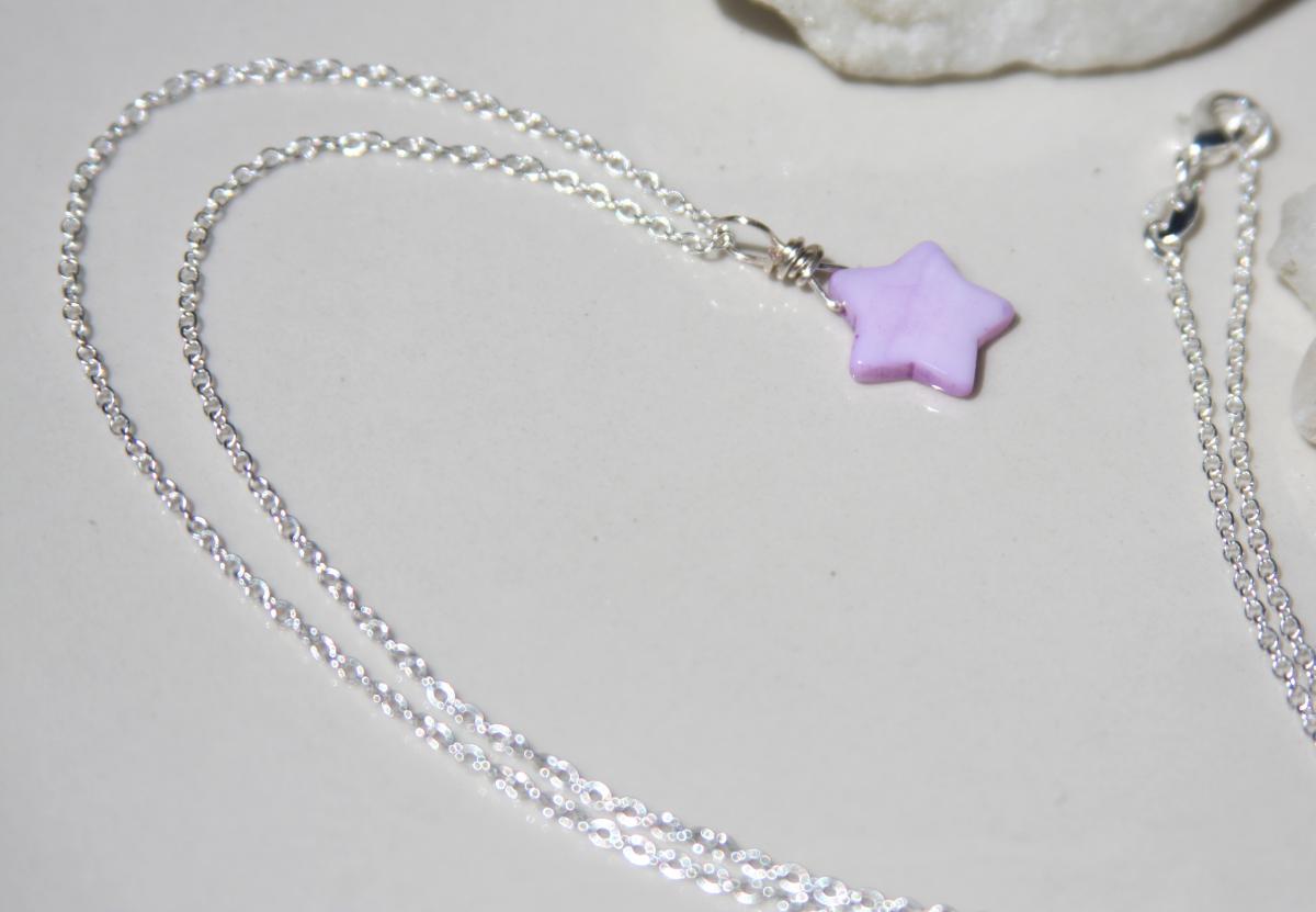 Celestrial Galaxy Purple Star Sterling Silver Necklace Handmade, Purple Shell Necklace