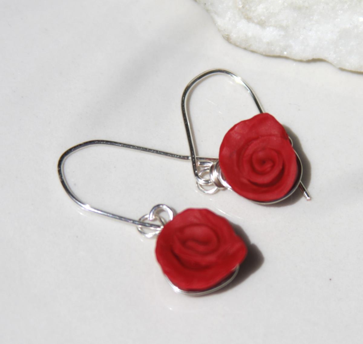 Sterling Silver Red Rose Dangle Earrings, Rose Bud Dangle Earrings on