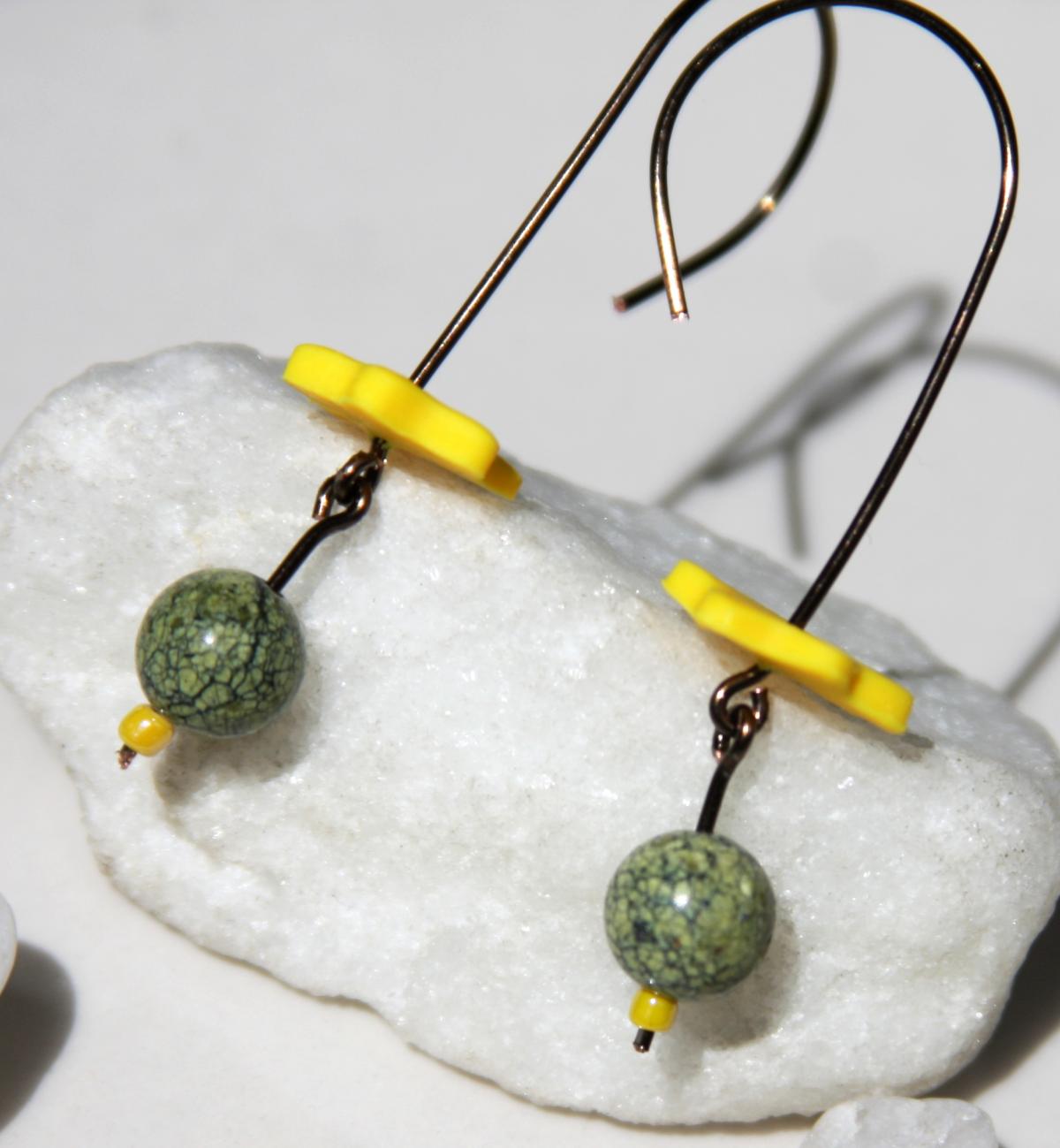 Snake Skin Jasper Stone Dangle Earrings With Yellow Flowers Handmade