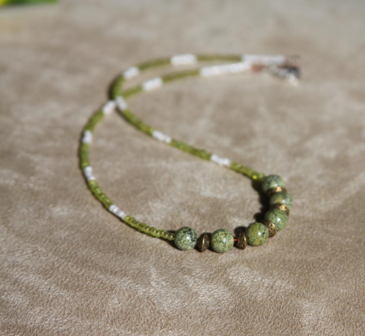 Snake Skin Jasper With White And Green Glass Beaded Necklace Handmade