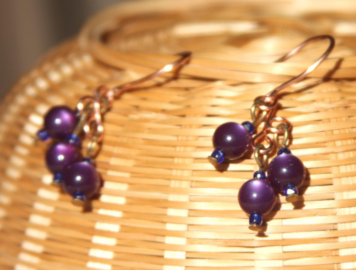 Dark Purple Cluster Dangle Copper Earrings Handmade