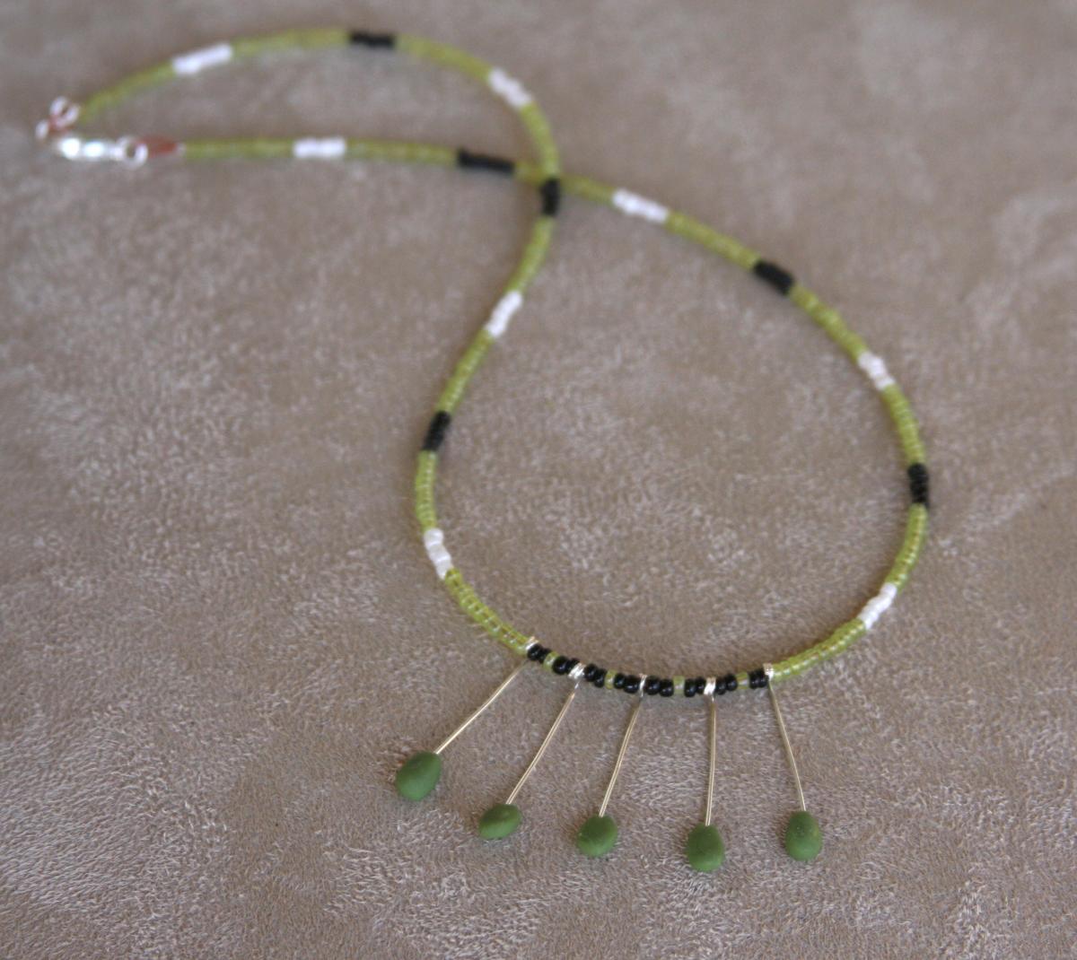 Moss Green And White Beaded Bid Necklace Handmade, Statement Necklace