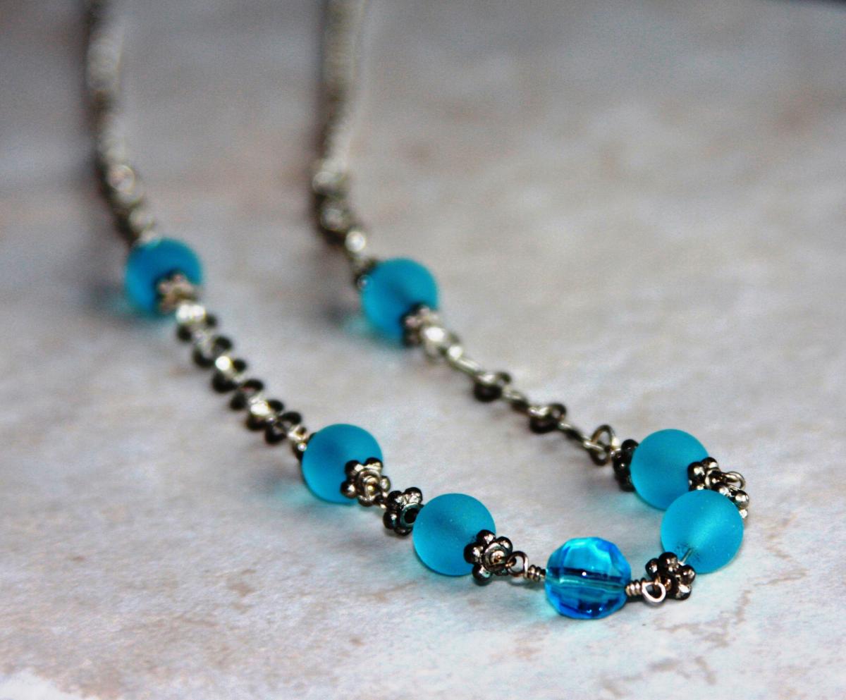 Light Blue Beaded Wire Wrapped Silver Chain Necklace