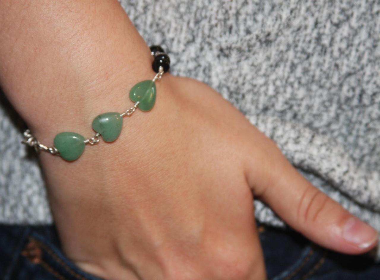 Heart Green Aventurine Gemstone Sterling Silver Wire Wrapped Bracelet, Handmade Bracelet, Everyday Black Beaded, Friendship Bracelet