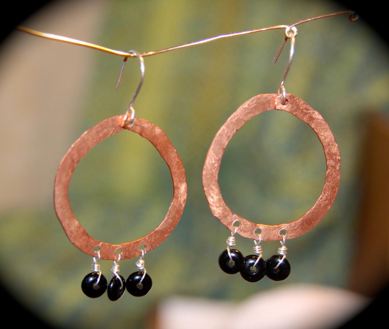 Boho Sterling Silver And Copper Hoop Earrings - Handmade Black Beaded Earrings