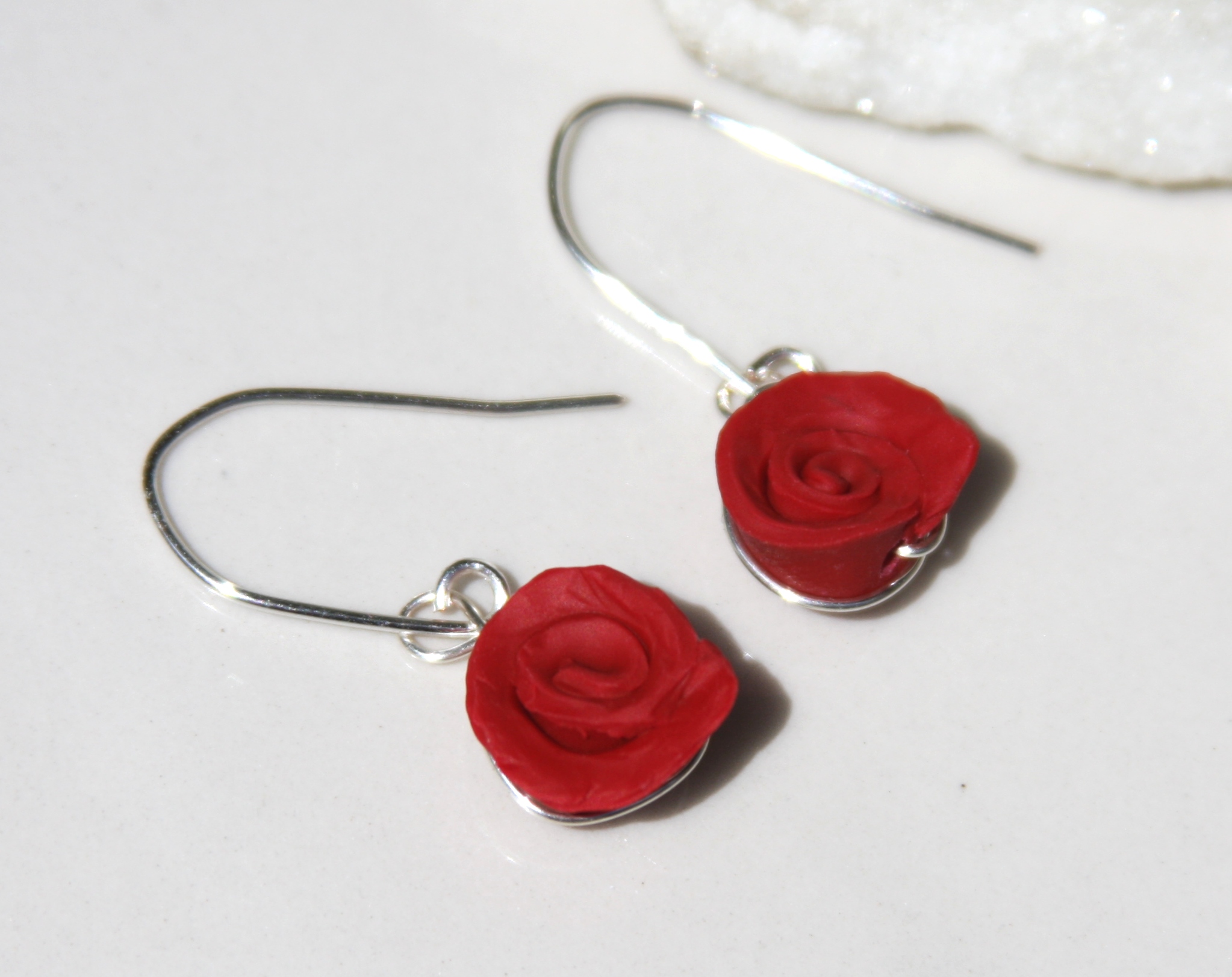 Sterling Silver Red Rose Dangle Earrings, Rose Bud Dangle Earrings on